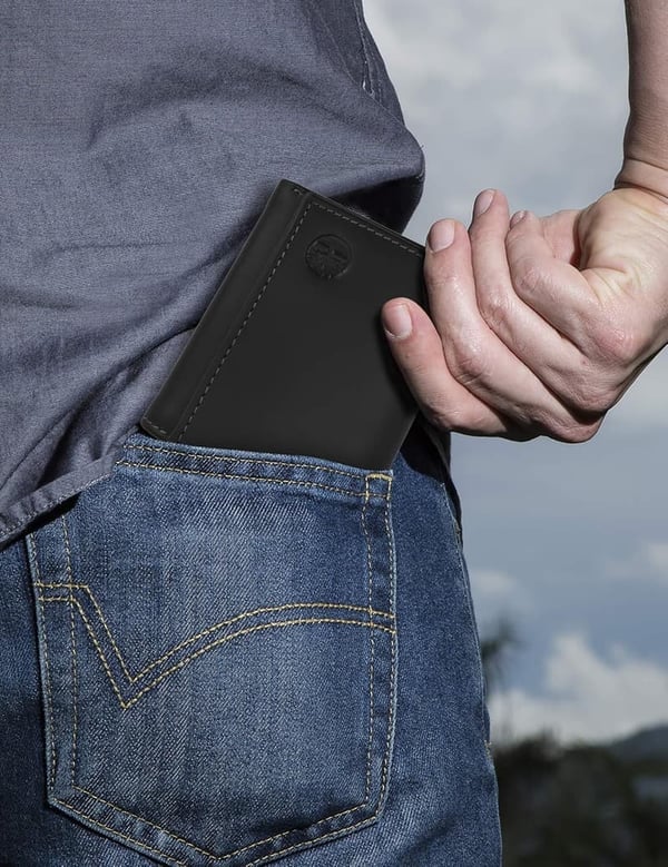 Black Leather Trifold Wallet for Men with ID Window