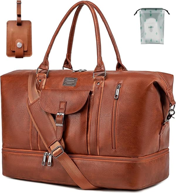 Large Waterproof Leather Travel Duffel Bag with Shoe Compartment