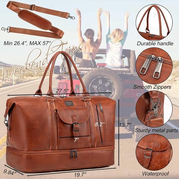 Large Waterproof Leather Travel Duffel Bag with Shoe Compartment
