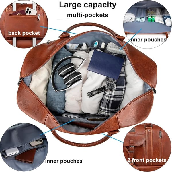 Large Waterproof Leather Travel Duffel Bag with Shoe Compartment