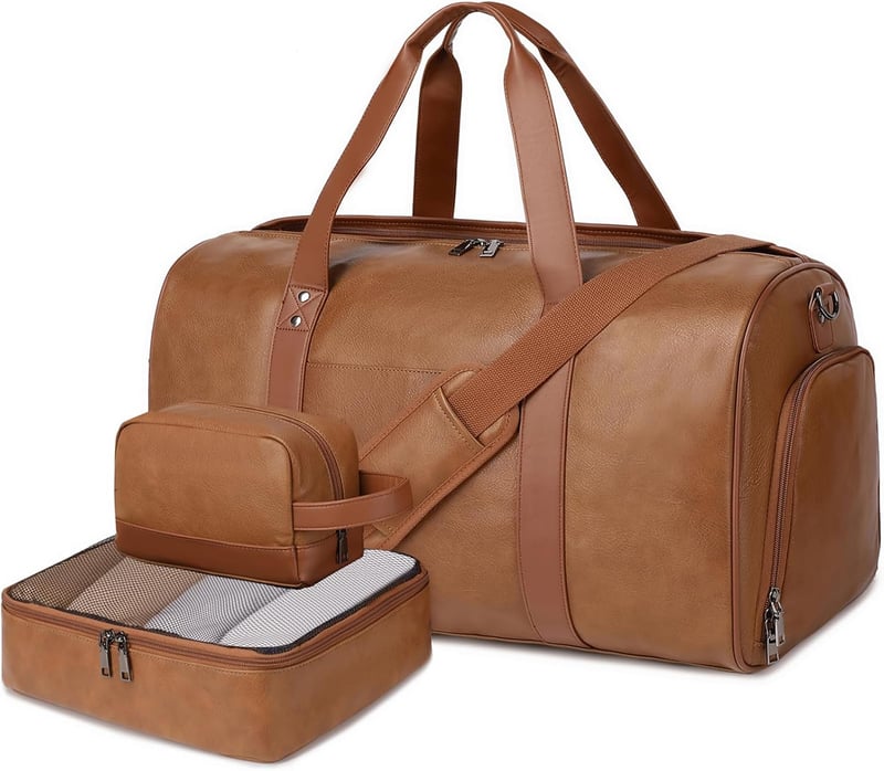 Light Brown Faux Leather Weekender Duffel Bag for Travel
