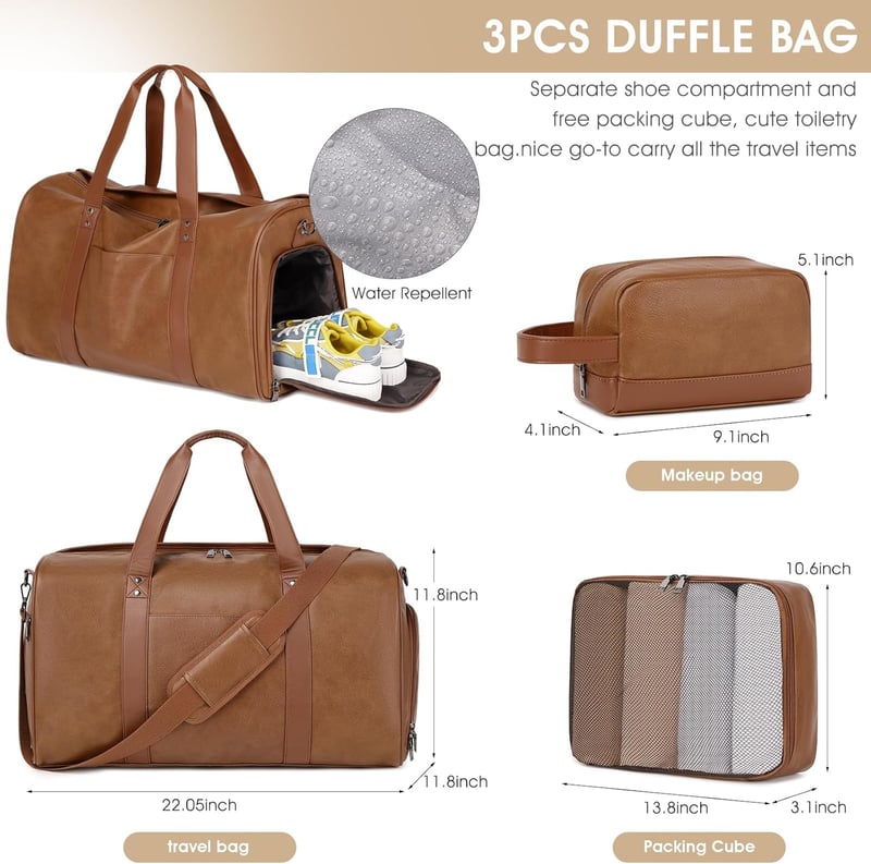 Light Brown Faux Leather Weekender Duffel Bag for Travel
