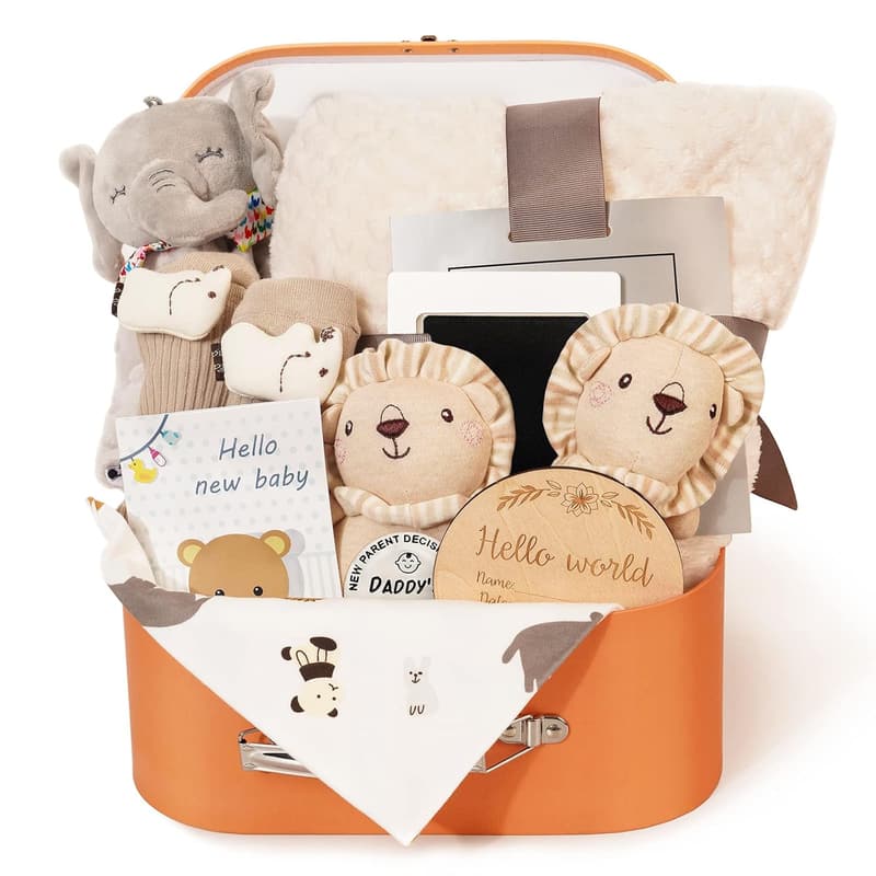Newborn Baby Gift Set - 11PCS Basket with Blanket, Rattle & Milestones