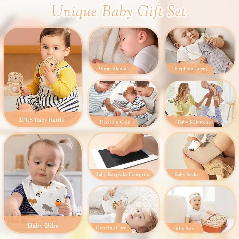 Newborn Baby Gift Set - 11PCS Basket with Blanket, Rattle & Milestones