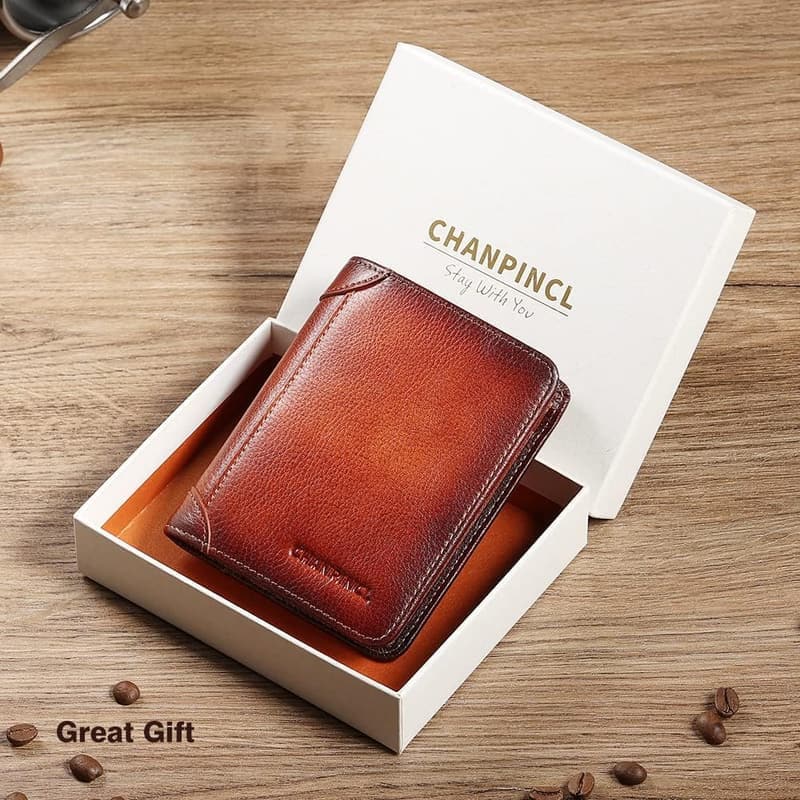 Men's RFID Blocking Trifold Leather Wallet with Large Capacity