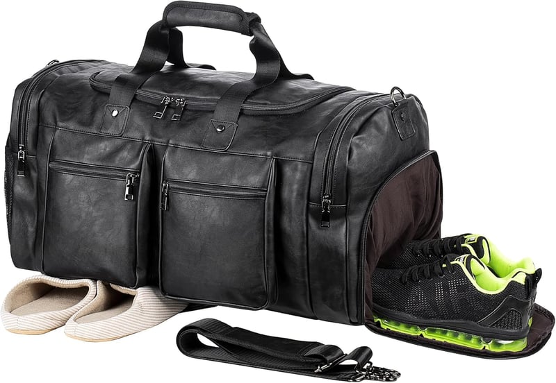 Waterproof Leather Weekender Bag with Shoe Pouch - Black