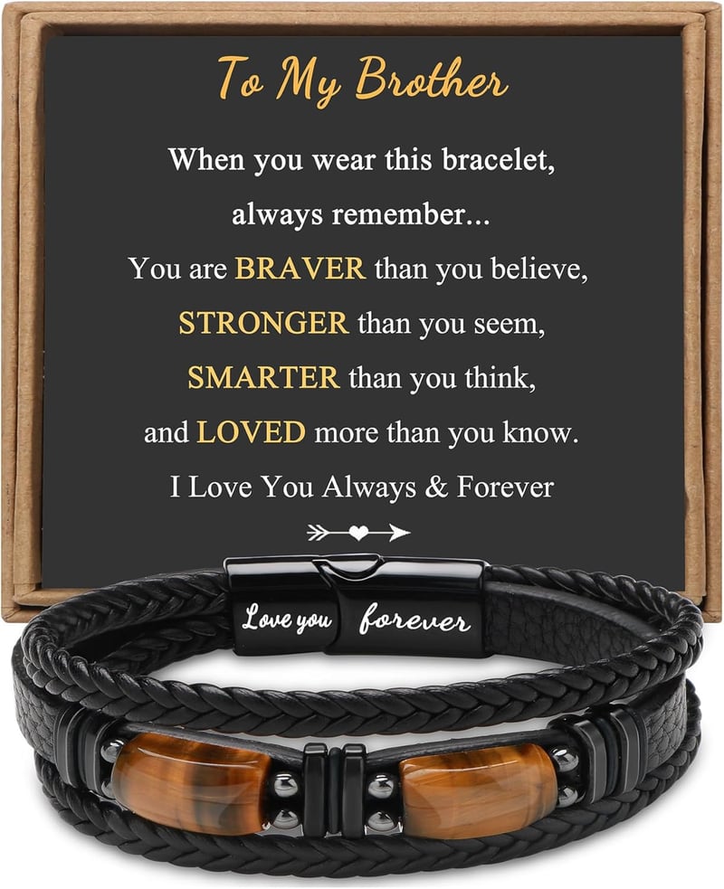 Men's Leather Bracelet with Tiger Eye Stone - Father's Day Gift