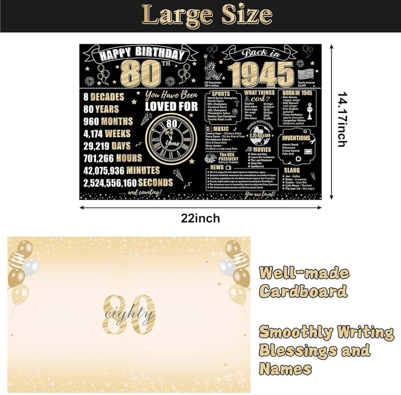 80th Birthday Giant Card with Envelope - Vintage Black Gold
