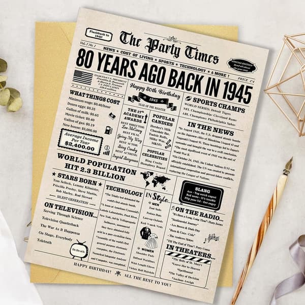 80th Birthday Card for Him or Her, Back in 1945 Design