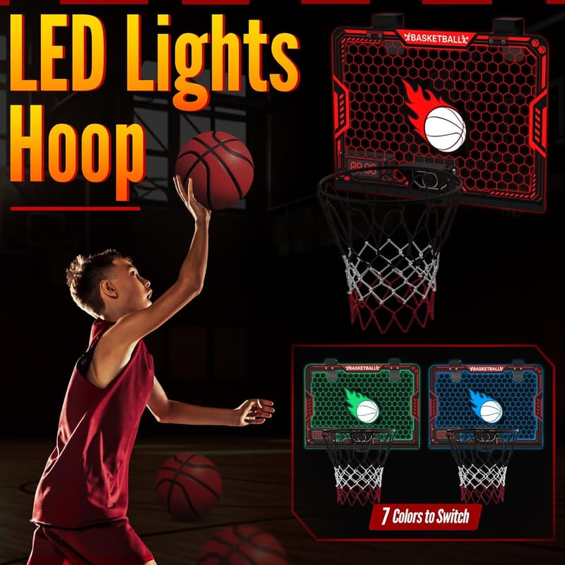 Indoor Basketball Hoop for Kids with LED Light & Scoreboard