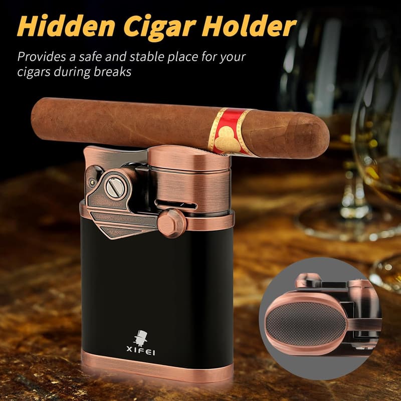 Windproof 4 Jet Flame Cigar Lighter with Holder for Men