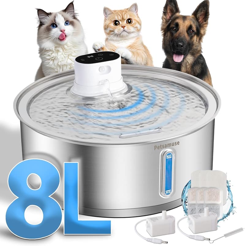 Large Stainless Steel Dog Water Fountain with Battery & Motion Sensor