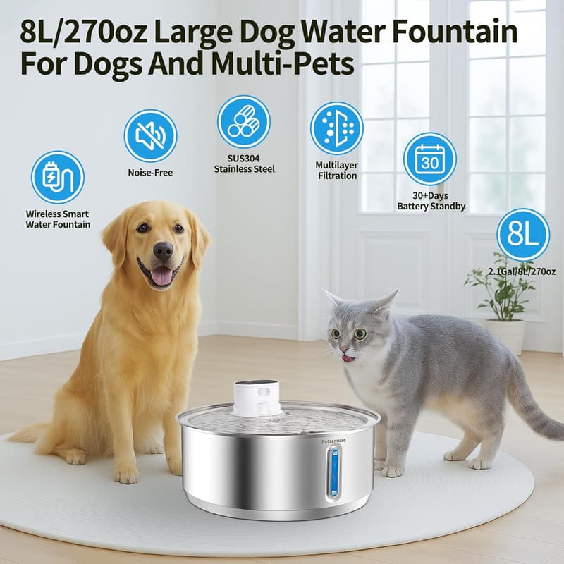 Large Stainless Steel Dog Water Fountain with Battery & Motion Sensor
