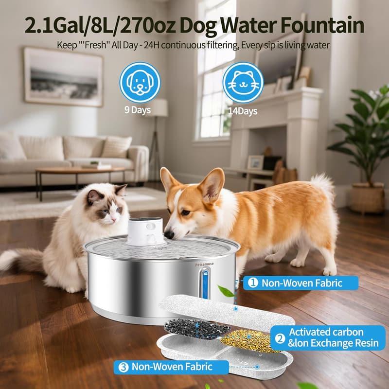 Large Stainless Steel Dog Water Fountain with Battery & Motion Sensor