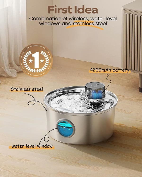 Automatic Cat Water Fountain - Stainless Steel, Rechargeable, 108oz