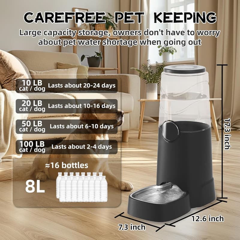 Automatic 8L Dog Water Dispenser with Stainless Steel Bowl