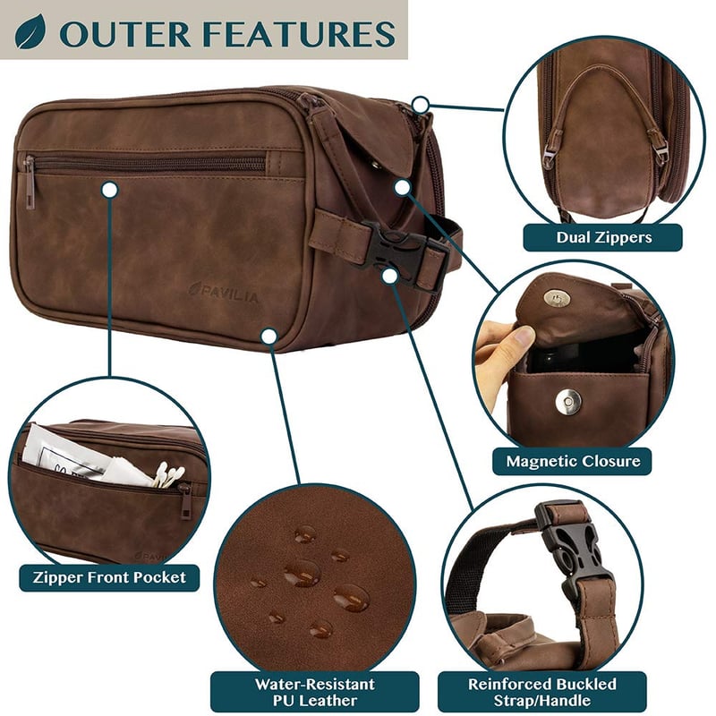 Men's Travel Dopp Kit - Water-Resistant PU Leather Toiletry Organizer