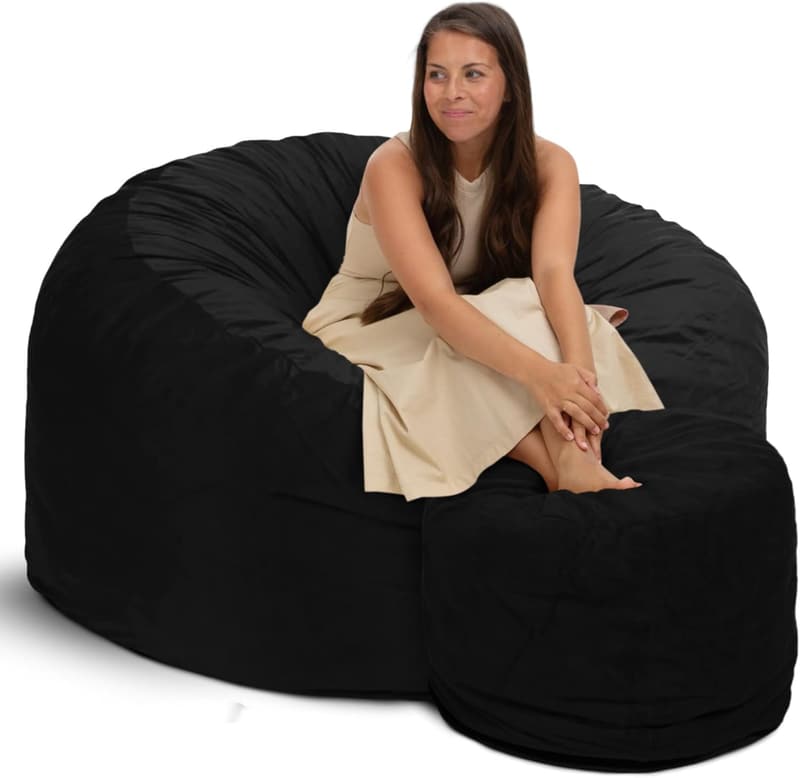 Black Suede 5ft Oversized Bean Bag Chair with Footstool