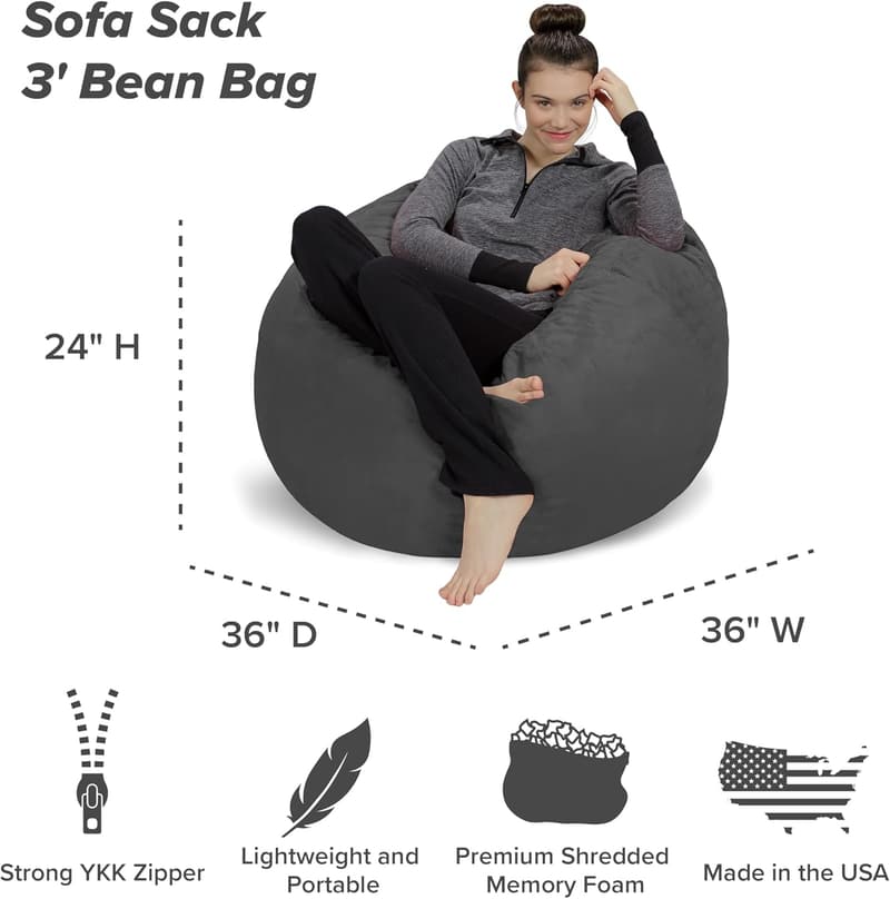 Plush Memory Foam Bean Bag Chair - 3ft Charcoal Microsuede