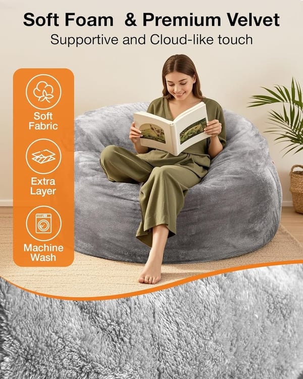 Giant Bean Bag Chair for Adults & Teens - Supportive Foam, Washable