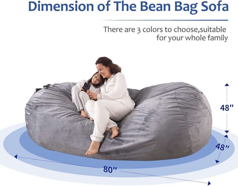 Giant 7ft Soft Velvet Bean Bag Chair with Removable Cover