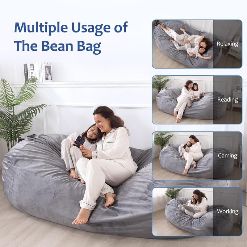Giant 7ft Soft Velvet Bean Bag Chair with Removable Cover