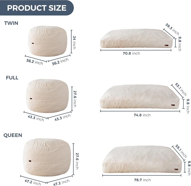 Convertible Giant Bean Bag Chair Bed for Adults, Machine Washable