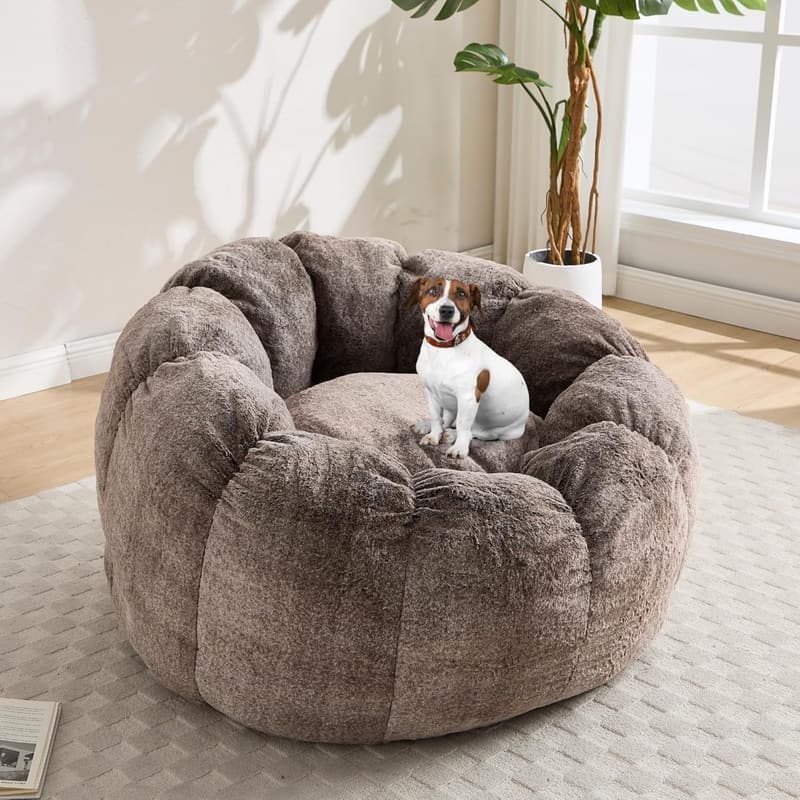 Faux Fur Bean Bag Chair with Armrest for Adults - Brown