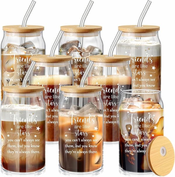 Friendship Gifts: 16oz Iced Coffee Glasses with Bamboo Lid & Straw