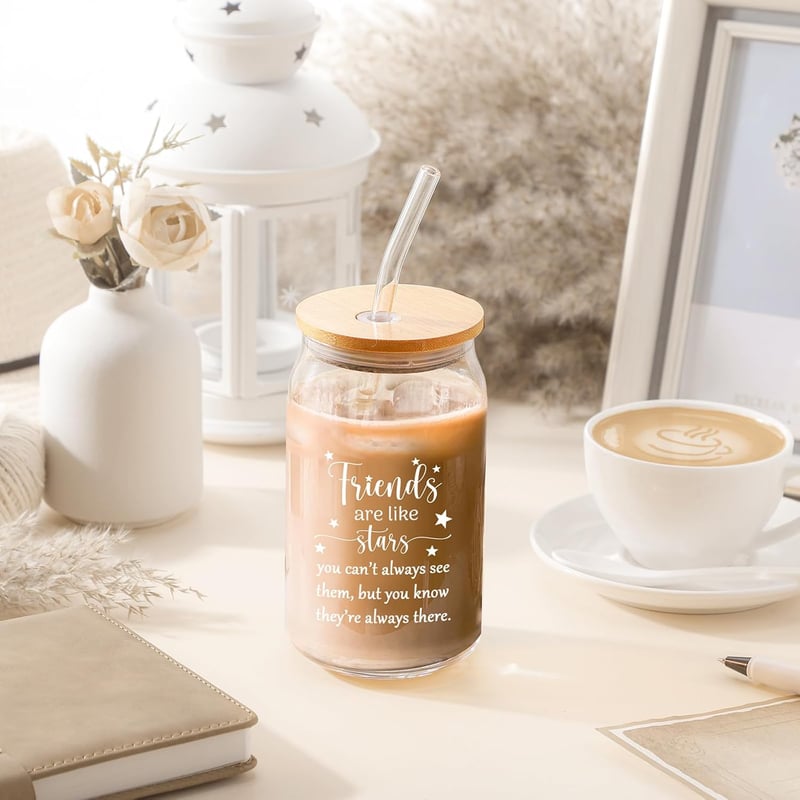 Friendship Gifts: 16oz Iced Coffee Glasses with Bamboo Lid & Straw