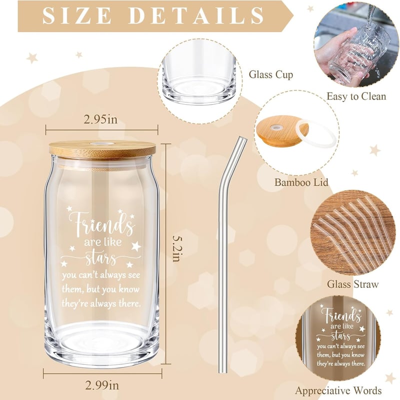 Friendship Gifts: 16oz Iced Coffee Glasses with Bamboo Lid & Straw