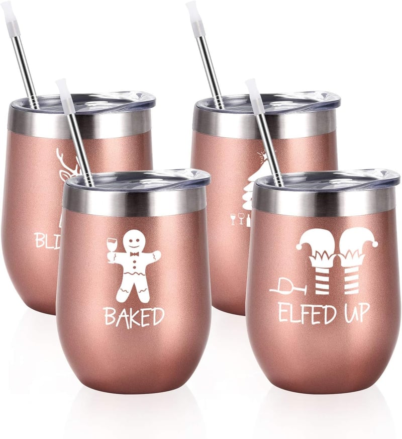 Christmas Wine Tumbler Set - 12 Oz Stainless Steel, 4 Pack, Rose Gold
