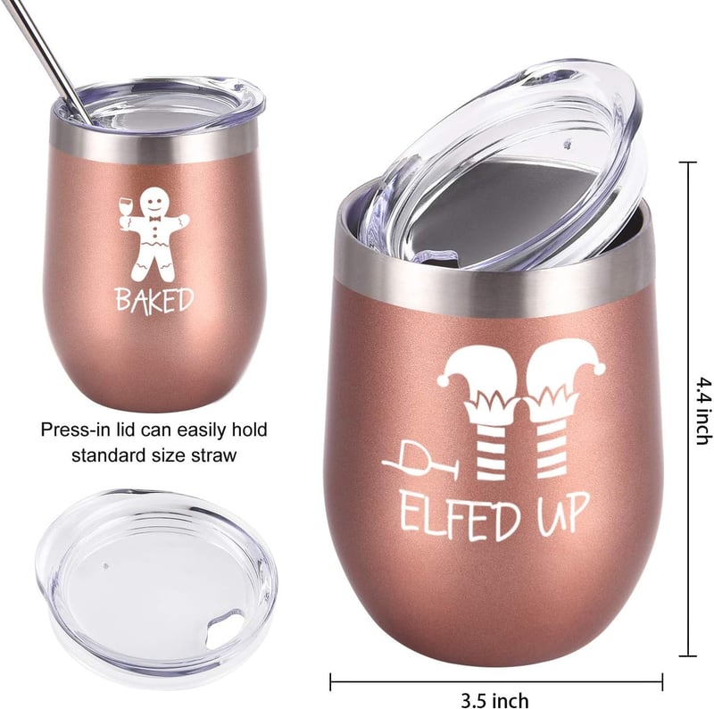 Christmas Wine Tumbler Set - 12 Oz Stainless Steel, 4 Pack, Rose Gold
