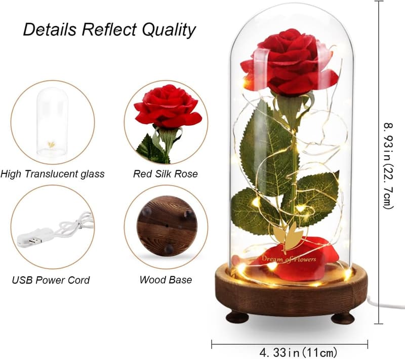 Beauty and The Beast Rose in Glass Dome - Romantic Gift for Mom