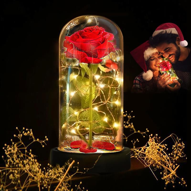 Beauty and the Beast Inspired Red Silk Rose in Light Dome