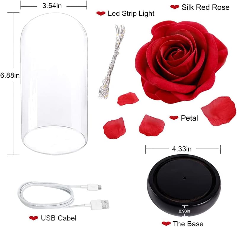 Beauty and the Beast Inspired Red Silk Rose in Light Dome
