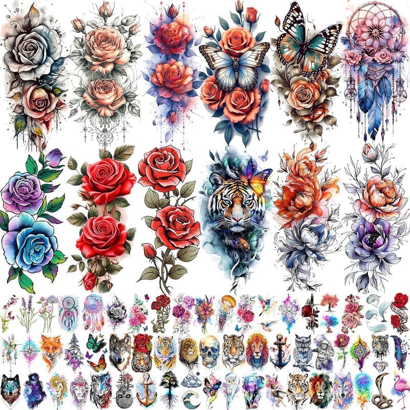 Watercolor Peony Temporary Tattoos for Women – 69 Sheets