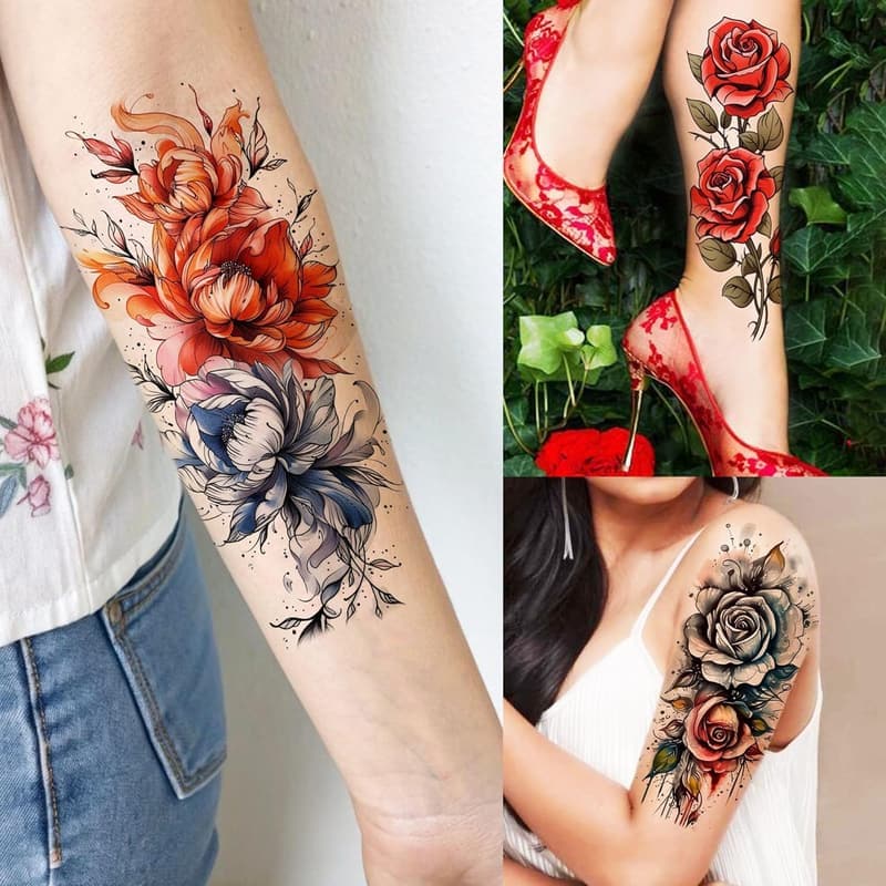 Watercolor Peony Temporary Tattoos for Women – 69 Sheets
