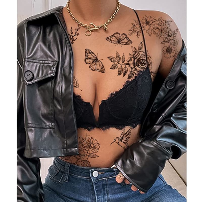 Black Flower Temporary Tattoos for Women - Waterproof Floral Designs