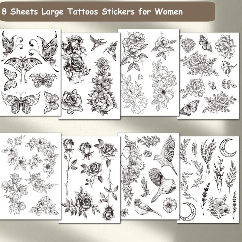 Black Flower Temporary Tattoos for Women - Waterproof Floral Designs