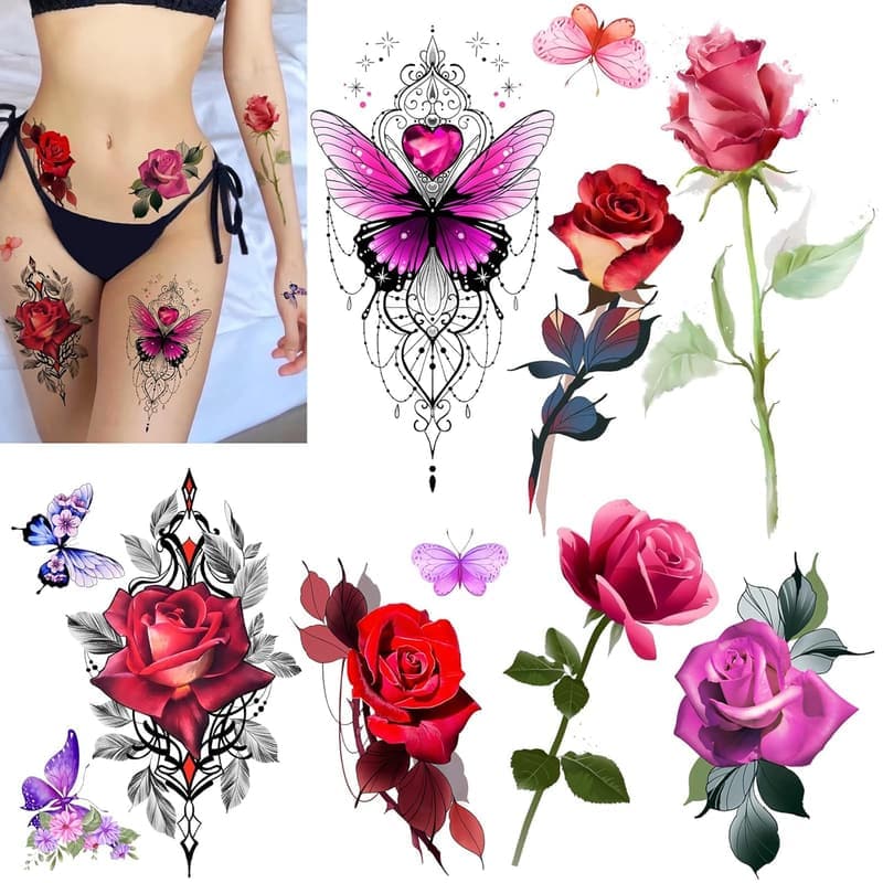 Rose Flower Temporary Tattoos Set for Women - Large Design