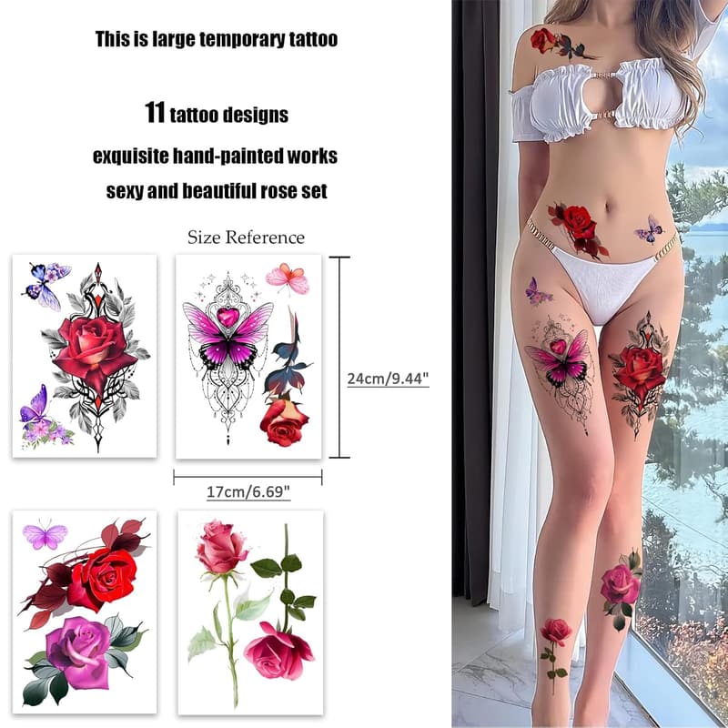 Rose Flower Temporary Tattoos Set for Women - Large Design