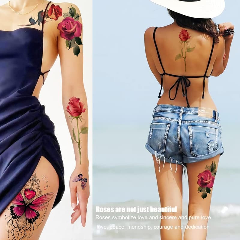 Rose Flower Temporary Tattoos Set for Women - Large Design