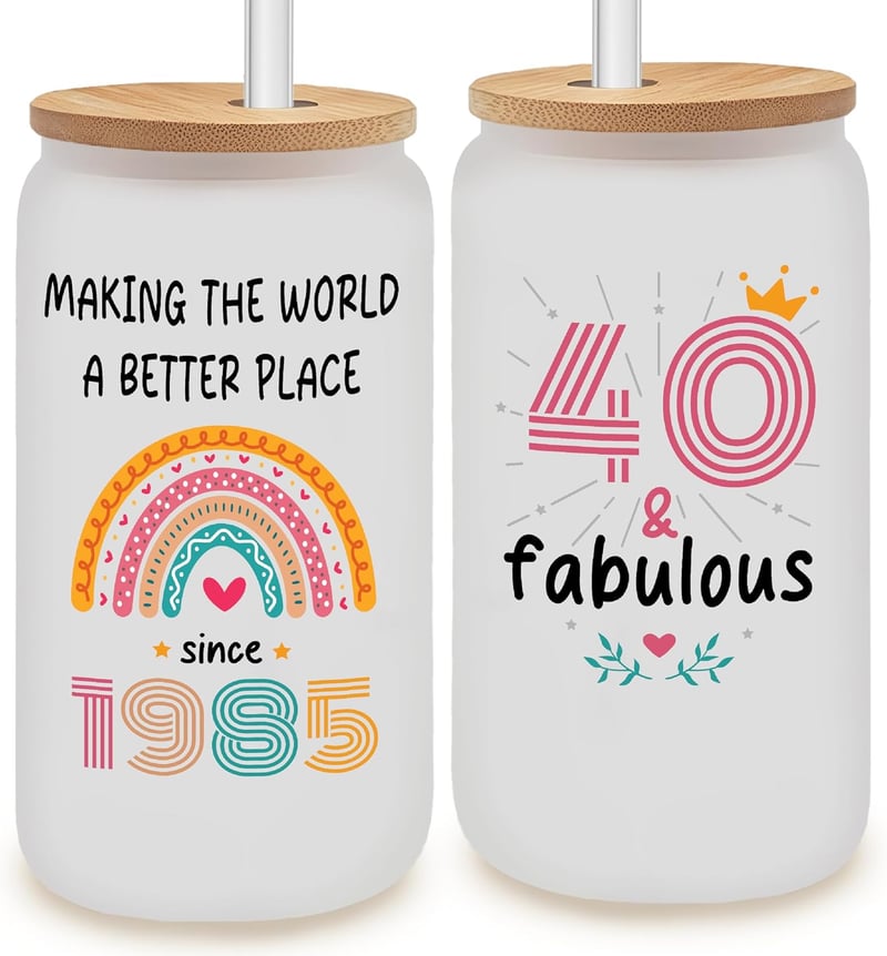 40th Birthday Frosted Glass Gift with Bamboo Lid and Straw