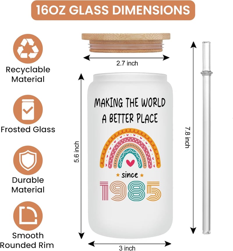 40th Birthday Frosted Glass Gift with Bamboo Lid and Straw