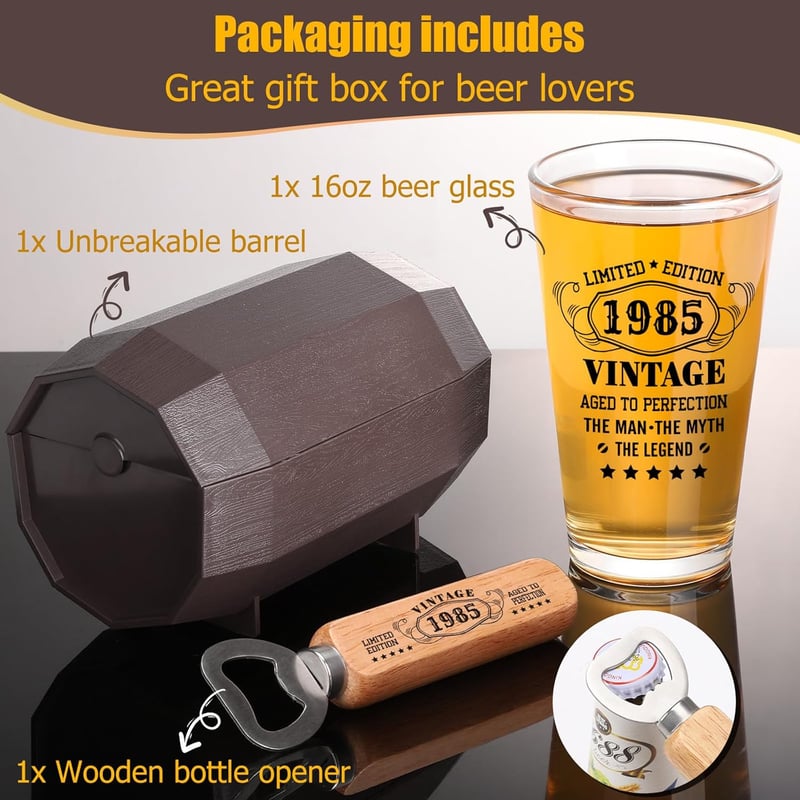 40th Birthday Vintage Beer Glass Set in Barrel Box