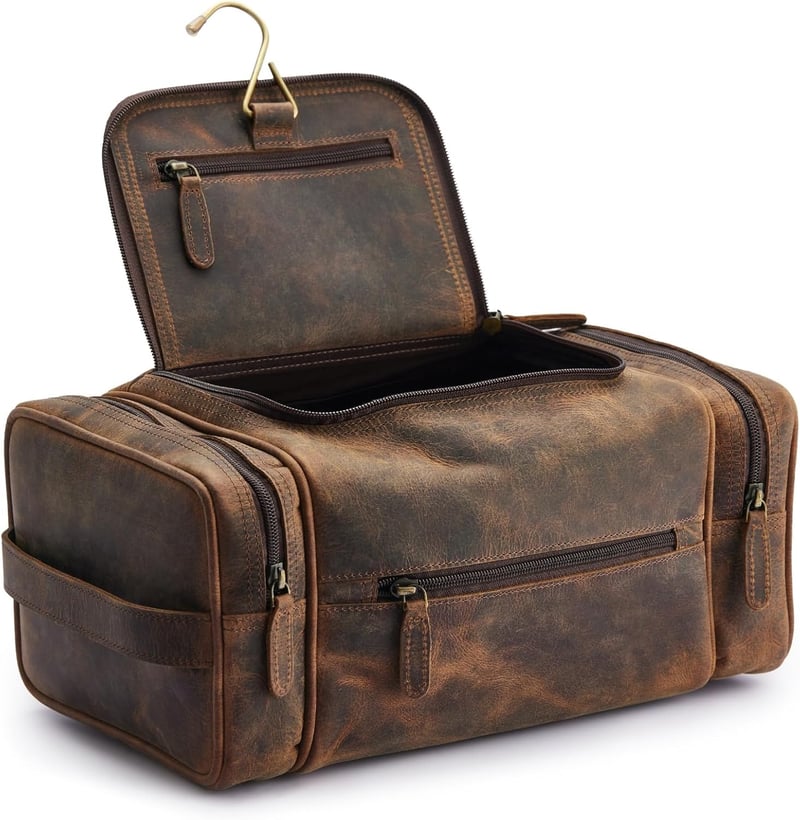 Extra Large Leather Toiletry Bag for Men - Travel Dopp Kit