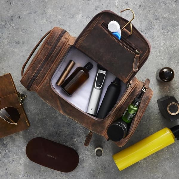 Extra Large Leather Toiletry Bag for Men - Travel Dopp Kit