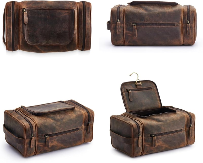 Extra Large Leather Toiletry Bag for Men - Travel Dopp Kit