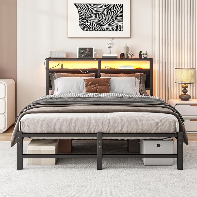 Full Bed Frame with LED Lights & USB Charging - Black